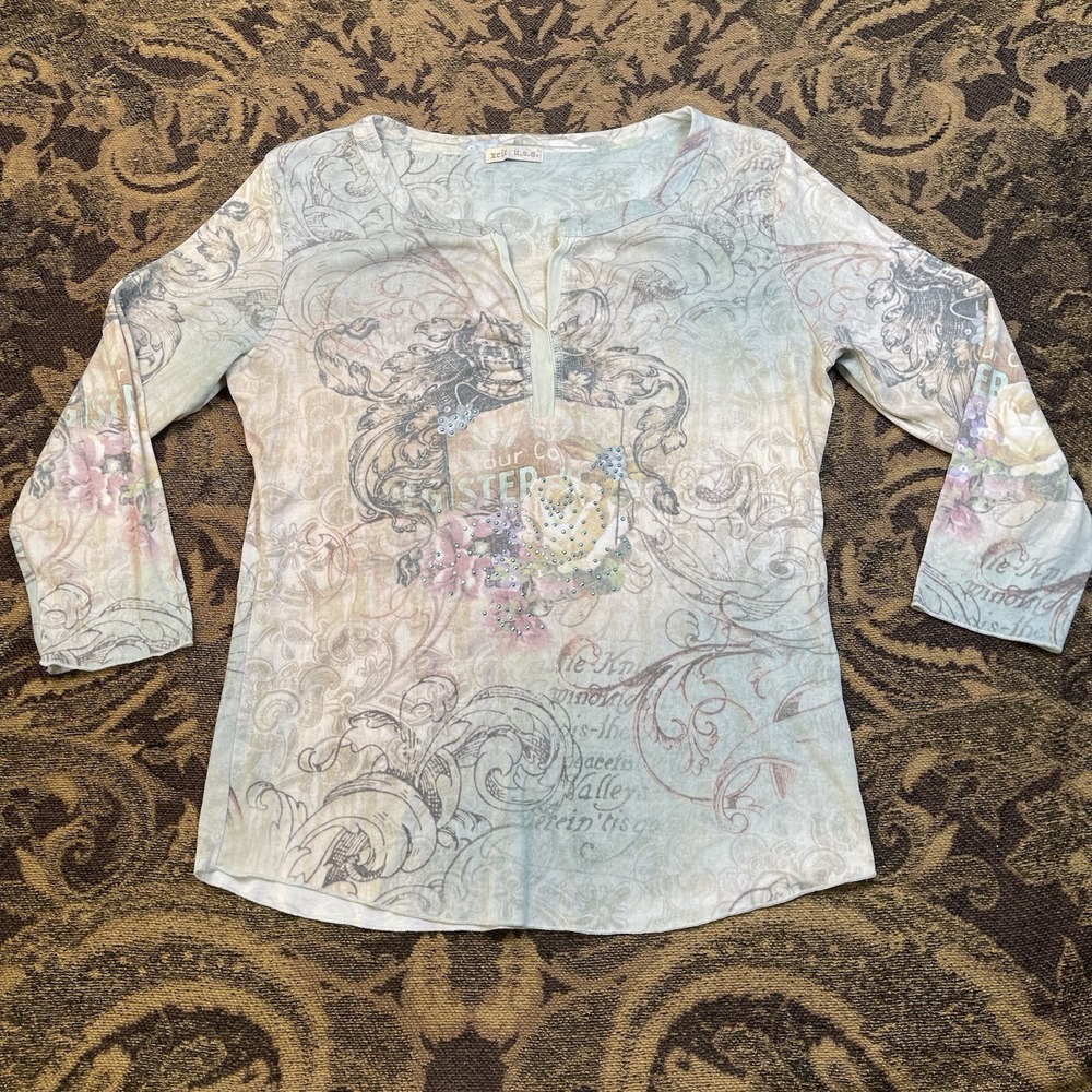 Vtg Y2K Xcit USA Top Womens Size Large Beige Floral Rhinestone Boho 3/4 Sleeve
